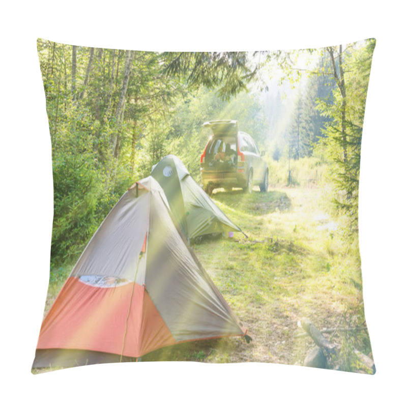 Personality  Cozy Camping On Green Sunny Lawn With Tents And A Car Pillow Covers