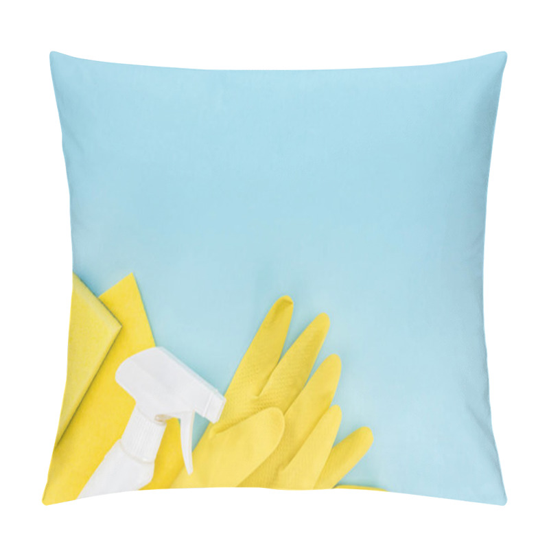 Personality  Top View Of Yellow Rubber Gloves, Sponge, Rag And Spray On Blue Background With Copy Space Pillow Covers