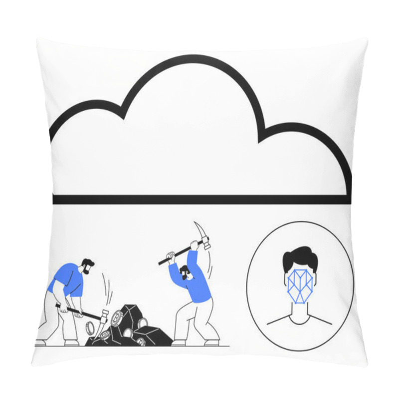 Personality  Cloud Icon Above Two Workers Mining Data Blocks With Tools And Profile Featuring Facial Recognition Grid. Ideal For AI, Data Analysis, Cloud Computing, Cybersecurity, Teamwork, Digital Innovation Pillow Covers