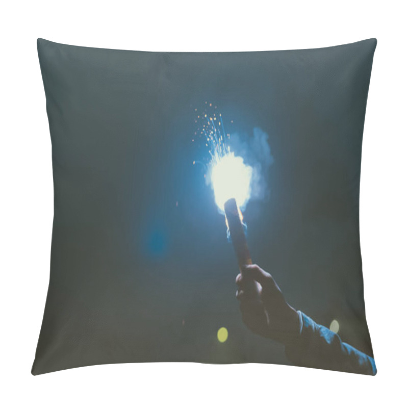 Personality  Cropped View Of Male Hand With Smoke Bomb At Night Pillow Covers