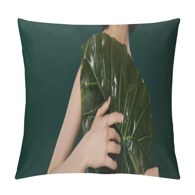 Personality  A Woman Poses With A Large, Wet Leaf Against A Dark Green Backdrop. Pillow Covers