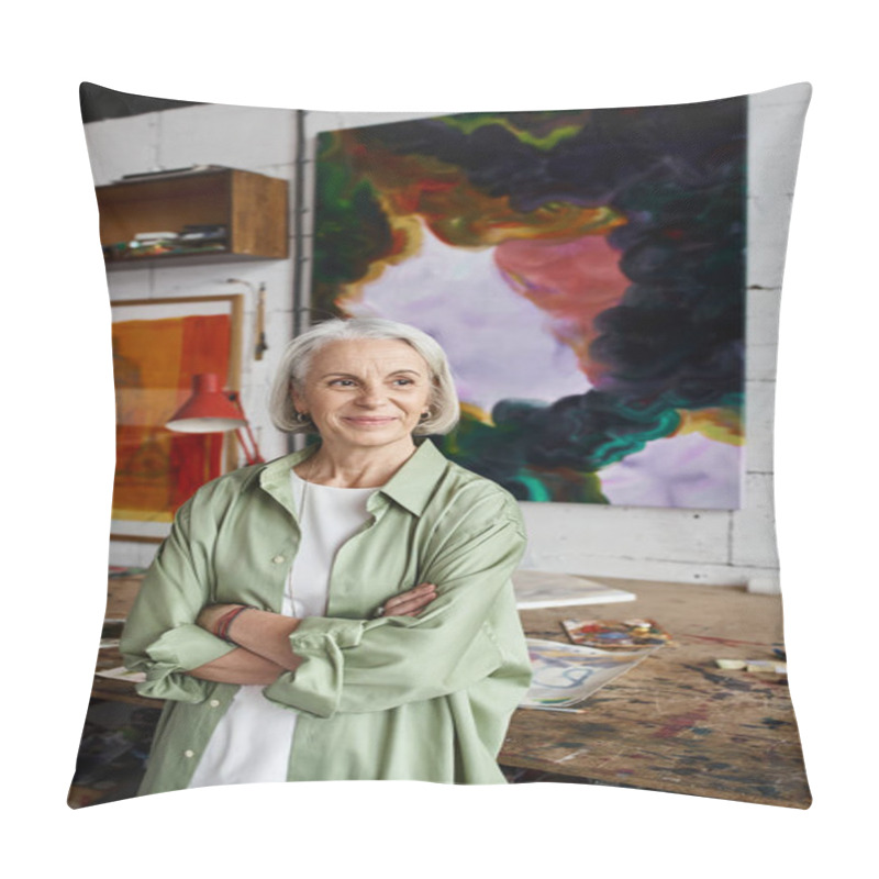 Personality  A Woman Standing Before A Captivating Painting In An Art Studio. Pillow Covers