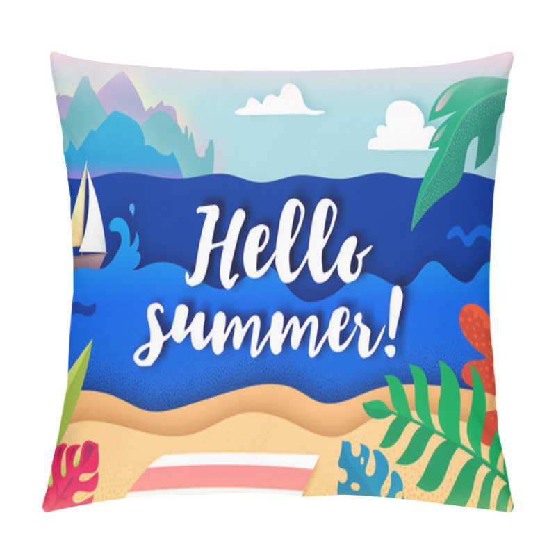 Personality  Paper Cut Art. 3d Style. A Beautiful Sunny Summer Card. Hello Summer. Sunbathing On The Beach. Tropical Island. Vacation, Travel On A Sailboat. Pillow Covers