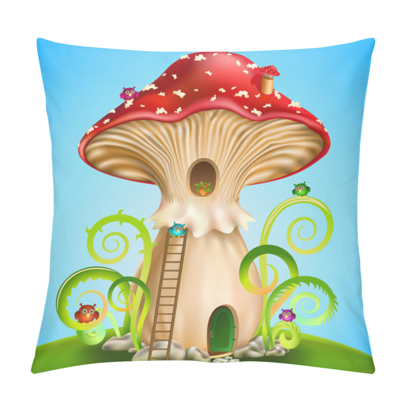 Personality  Magic Mushroom. Fairy House Red Mushroom With  Owls On Blue Background. Vector Illustration Pillow Covers