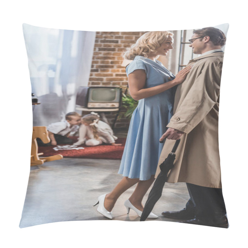 Personality  Happy Old Fashioned Man And Woman Smiling Each Other Whle Cute Little Kids Playing Behind Pillow Covers