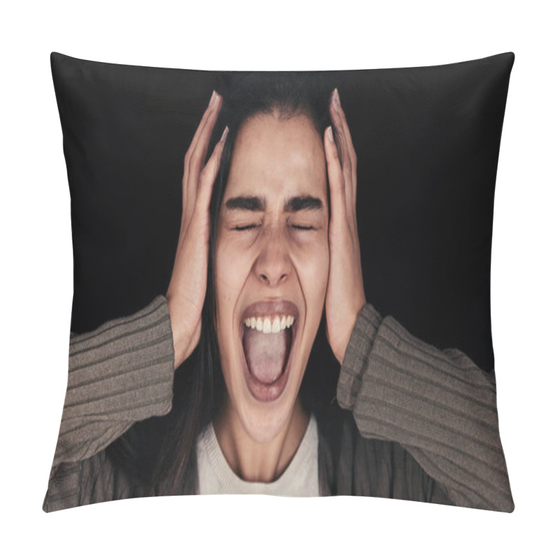 Personality  Frustrated, Scream And Stress, Black Woman With Face And Anxiety, Mental Health Problem Against Black Studio Background. Emotion, Screaming And Depression, Lose Control And Pain Expression Pillow Covers