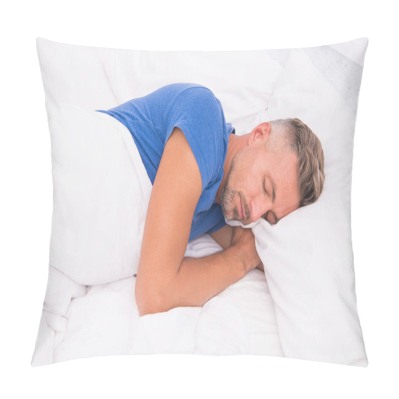 Personality  Relaxed Man. Promote Prevention And Management Of Sleep Disorders. World Sleep Day. Benefits Of Good And Healthy Sleep. Breathe Easily, Sleep Well. Handsome Man In Bed. Sleeping Guy At Home Pillow Covers