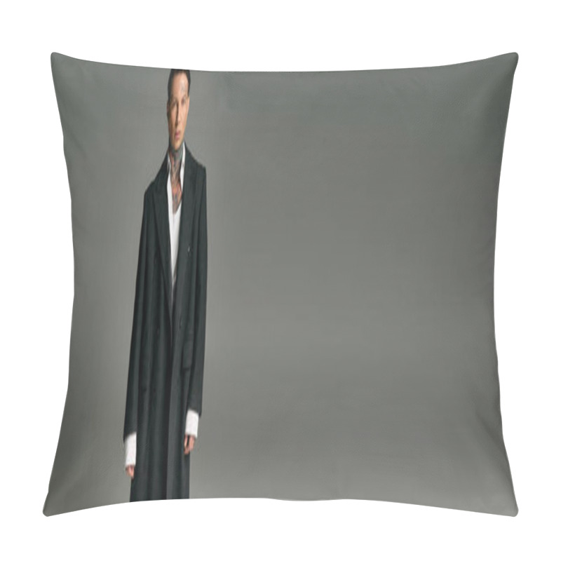 Personality  The Young Man Stands Tall, Exuding Charisma In A Chic Long Coat Fitting The Modern Aesthetic. Pillow Covers