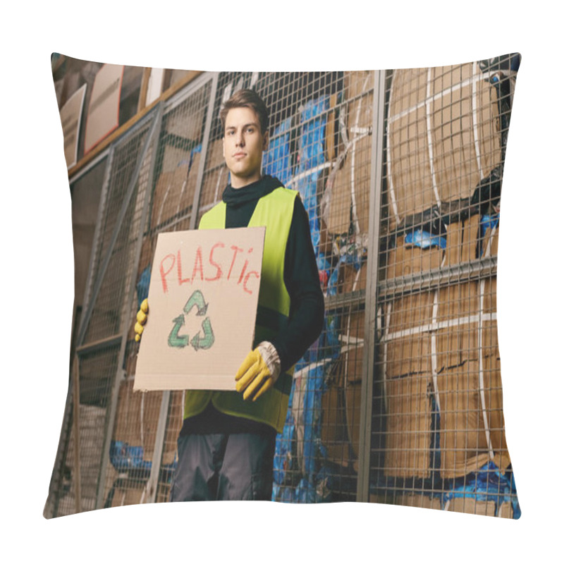 Personality  A Young Volunteer Wearing Gloves And A Safety Vest Holds A Sign That Says Plastic While Sorting Waste. Pillow Covers