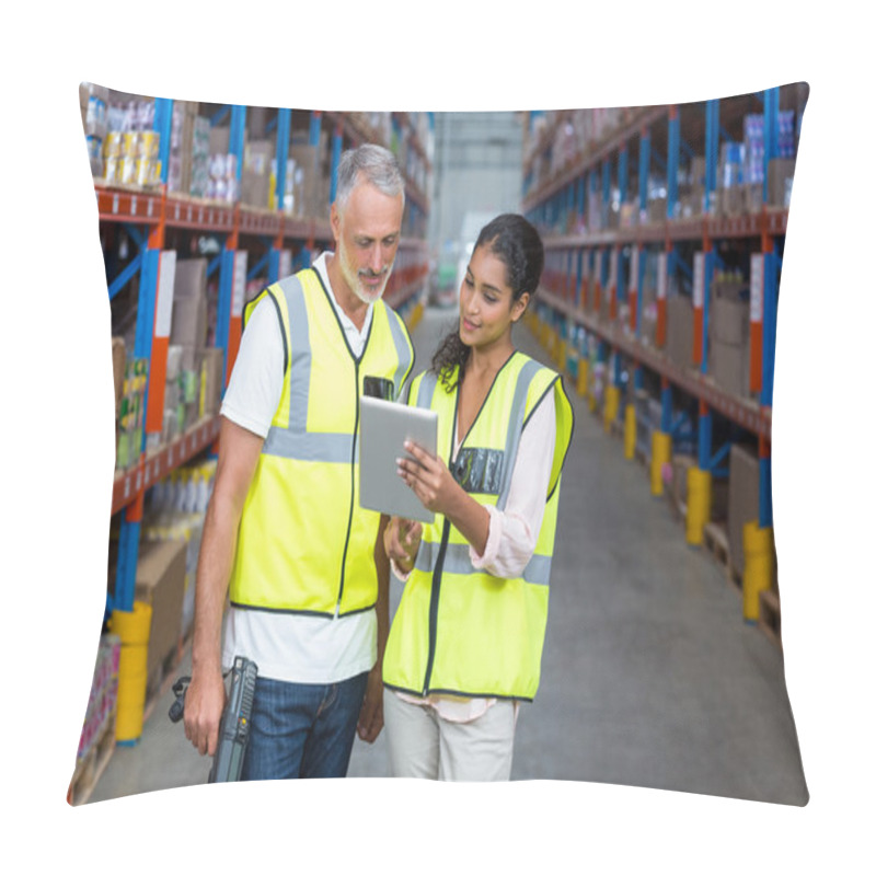 Personality  Warehouse Workers Discussing With Digital Tablet Pillow Covers