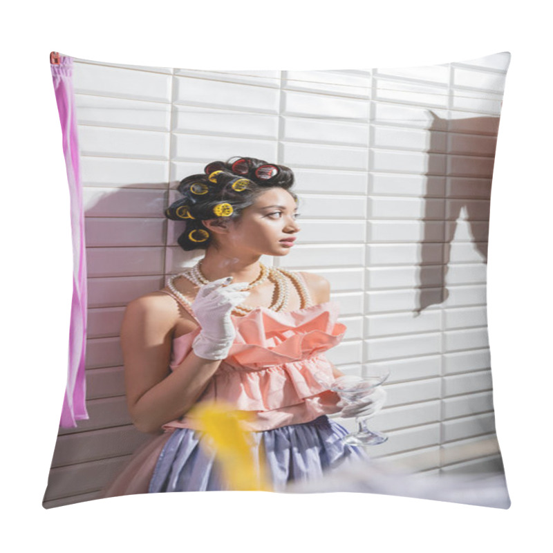 Personality  Asian Young Woman With Hair Curlers Standing In Pink Ruffled Top, Pearl Necklace And Gloves Smoking And Holding Glass Near Wet Laundry Hanging Near White Tiles, Iron, Cigarette, Housewife  Pillow Covers