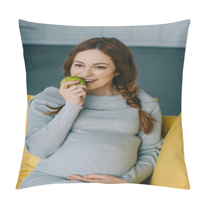 Personality  High Angle View Of Attractive Pregnant Woman Biting Apple In Living Room Pillow Covers