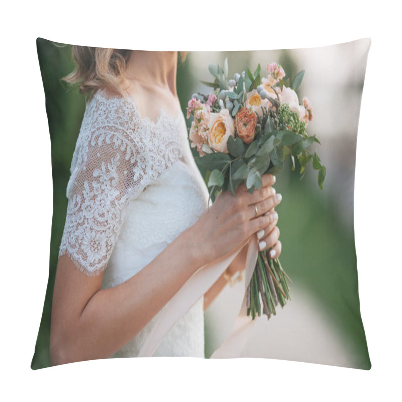 Personality  Wedding. The Bride In A Dress Standing In A Green Garden And Hol Pillow Covers