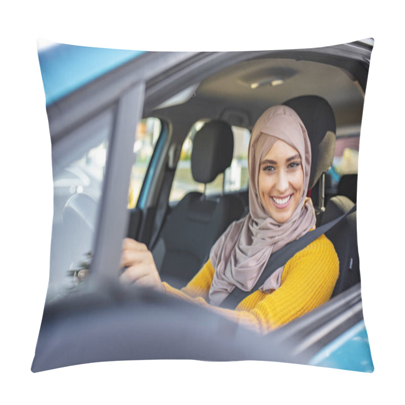 Personality  Young Attractive Smiling Arab Woman In Traditional Wear Trying Out New Car. Portrait Of Muslim Young Woman Driving Her Car. Arab Women Driving Car Pillow Covers