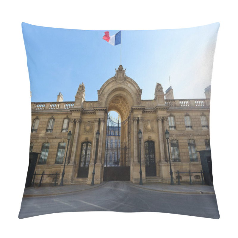 Personality  View Of Entrance Gate Of The Elysee Palace Decorated With National French Flags. Elysee Palace - Official Residence Of President Of French Republic Since 1848. Pillow Covers