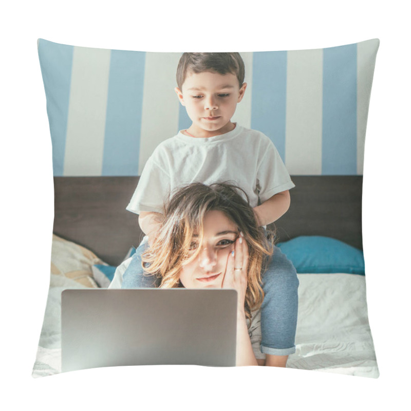 Personality  Cute Toddler Boy Touching Hair Of Tired Freelancer Mother Near Laptop In Bedroom  Pillow Covers