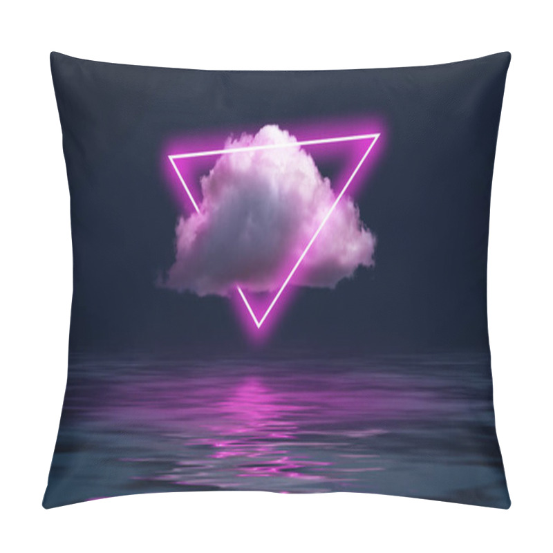 Personality  Abstract Design For Horizontal Wallpaper, Background. Neon Pink Triangle In Cloud Over Night Ocean, Water. Dark Background. Fluorescent Light, Reflection. Futurism, Creative Vision. Space For Text Pillow Covers