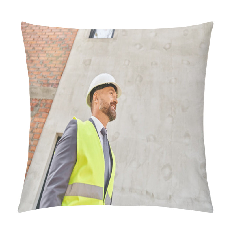 Personality  Joyful Dedicated Architect In Suit And Safety Vest And Helmet Smiling While On Construction Site Pillow Covers