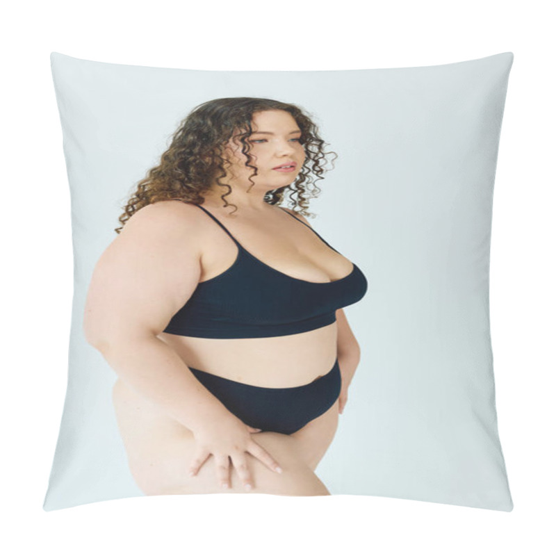 Personality  A Confident Plus Size Woman Models Chic Black Lingerie, Radiating Beauty And Self Love. Pillow Covers