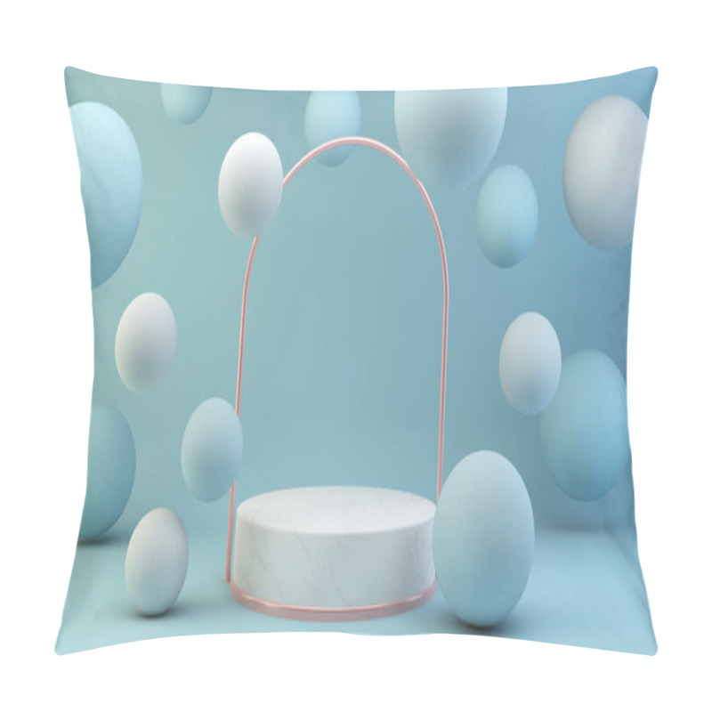 Personality  Marble Platform With Pink Reflective Arch And Blue Floating Spheres 3d Rendering Pillow Covers