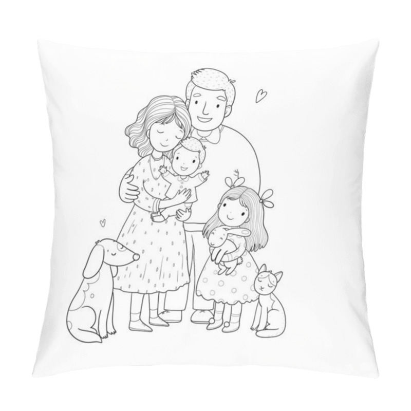 Personality  Cute Cartoon Family And A Cat With A Dog. Mom, Dad And Kids. Happy People. Pillow Covers