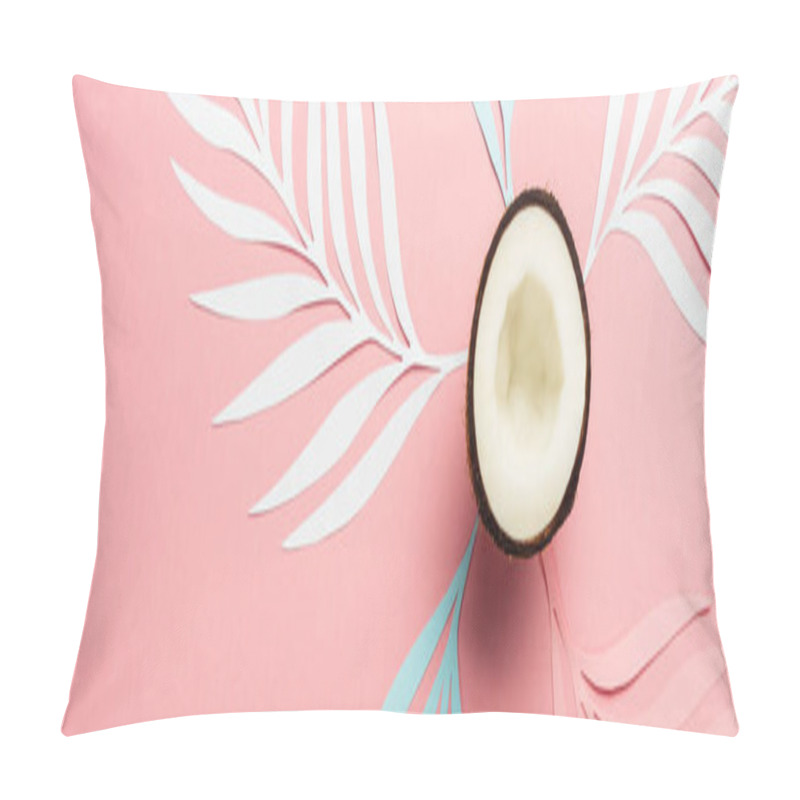 Personality  Top View Of White, Pink And Blue Paper Cut Palm Leaves And Coconut Half On Pink Background, Panoramic Shot Pillow Covers