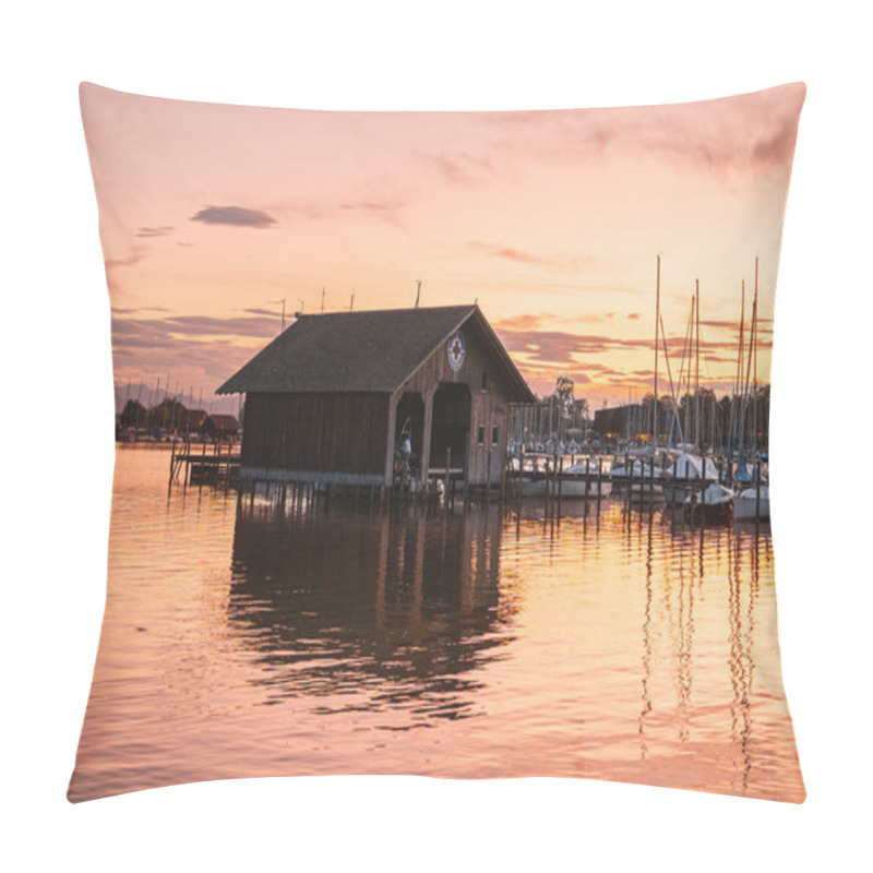 Personality  A Serene Lakeside Scene With A Rustic Boathouse By The Marina, Capturing The Beautiful Sunset Sky And Reflecting Waters, Creating A Peaceful And Calm Atmosphere. Pillow Covers