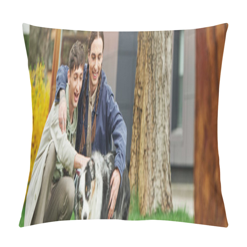 Personality  Happy Gay Couple Hugging And Sitting On Green Lawn While Cuddling Australian Shepherd Dog And Smiling Near Tree Trunk And Modern Building On Blurred Background On Street, Banner  Pillow Covers