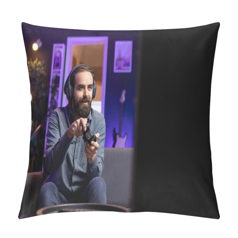 Personality  Joyous Man Having Fun While Playing Videogames On Gaming Console With Teammates, Talking Through Headphones. Lively Gamer Chatting With Friends Through Headset While Defeating Players Online Pillow Covers