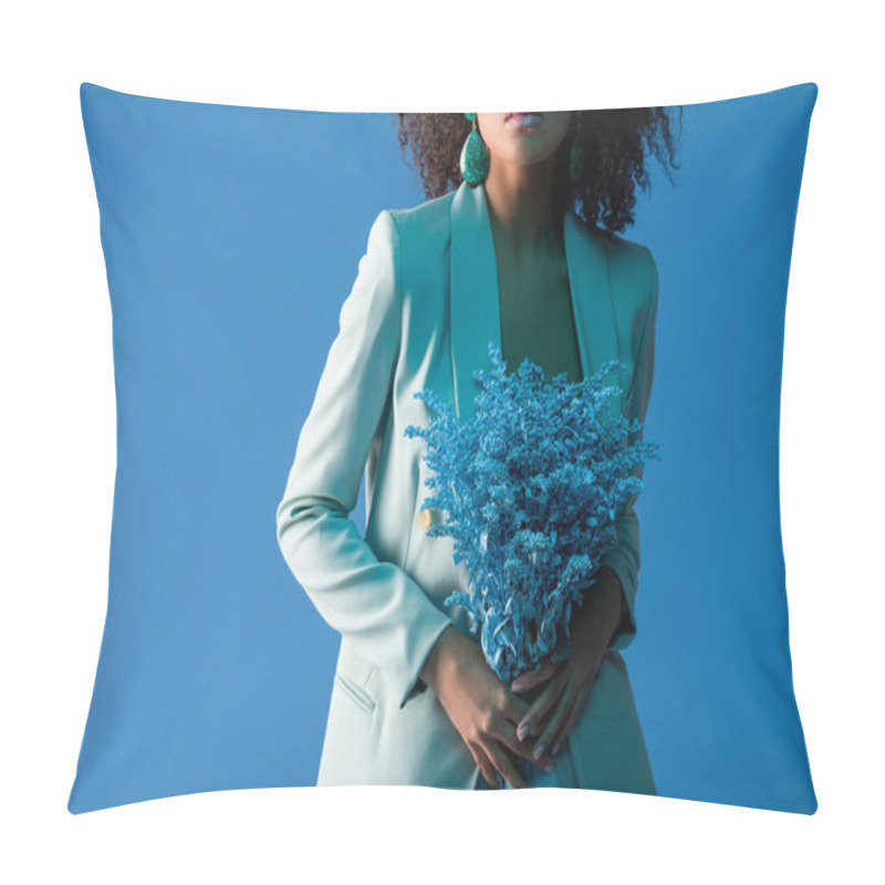 Personality  Cropped View Of African American Woman Holding Bouquet Isolated On Blue Pillow Covers