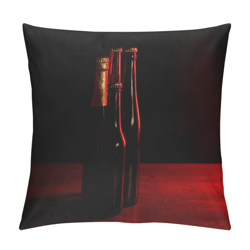 Personality  Silhouettes Of Four Beer Bottles On A Black Background With Red Lights That Illuminate Them On One Side. Pillow Covers