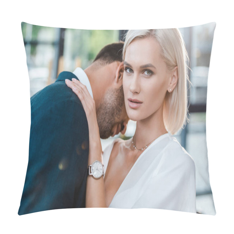 Personality   Attractive Woman Looking At Camera While Hugging Man In Office   Pillow Covers