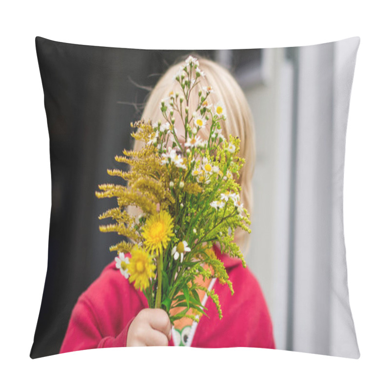 Personality  Child Holding A Bouquet Of Wildflowers, Face Obscured Pillow Covers