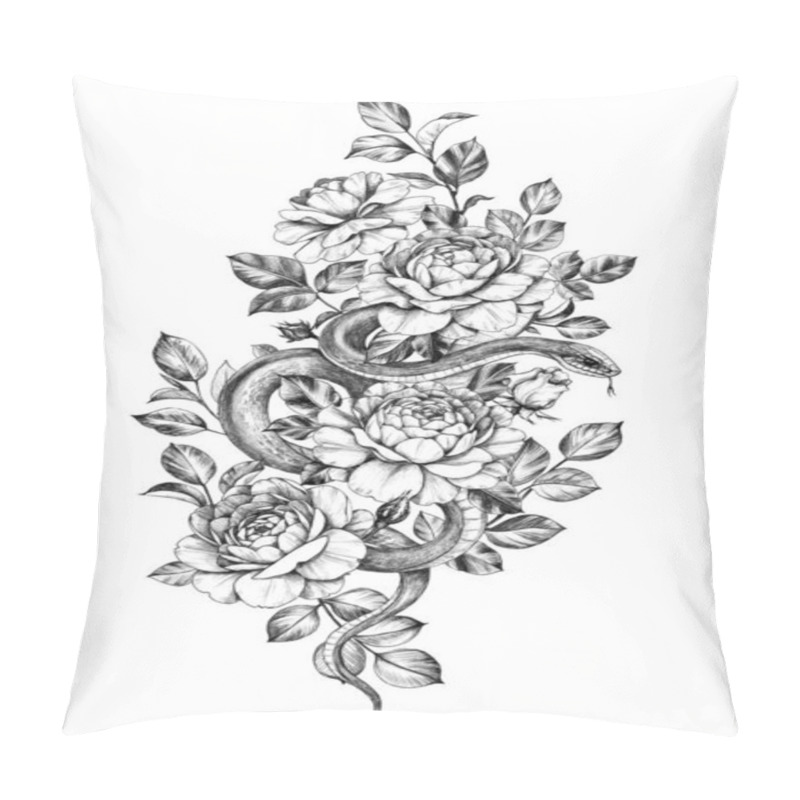 Personality  Hand Drawn Monochrome Snake Among  Roses  Pillow Covers