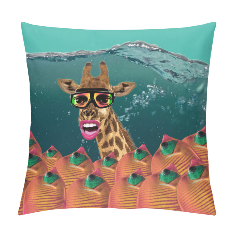 Personality  Contemporary Art Collage. Concept Giraffe With Diving Mask In Deep Sea. Group Of Fishes. Pillow Covers