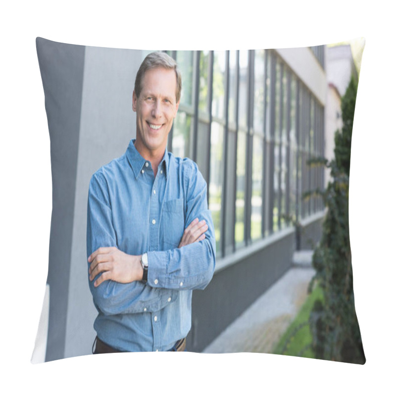 Personality  Smiling Businessman Posing With Crossed Arms Near Office Building  Pillow Covers