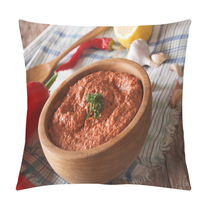 Personality  Red Muhammara And Ingredients Close-up. Horizontal Pillow Covers