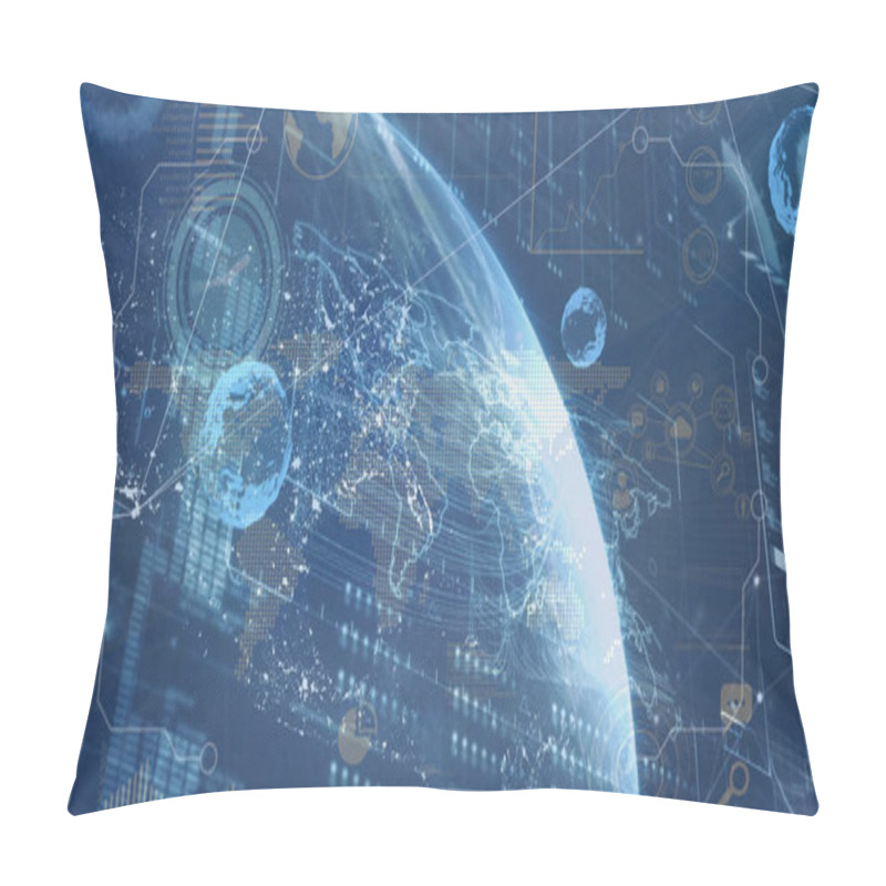 Personality  Image Of Data Processing Over Globe And Moving Clock On Black Background. Global Technology, Online Security And Digital Interface Concept Digitally Generated Image. Pillow Covers