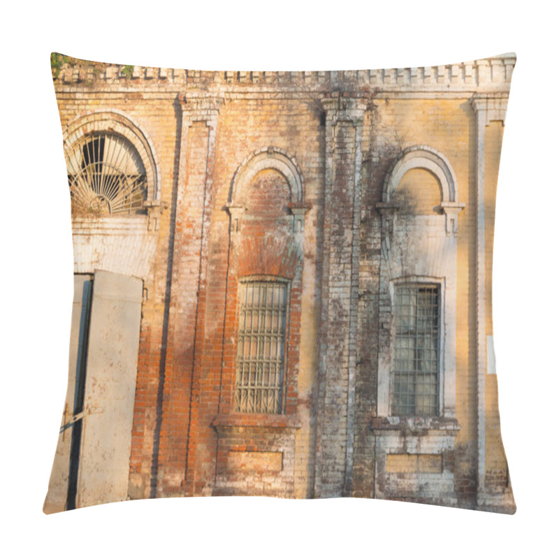 Personality  Abandoned Industrial Building. Old Brick Warehouse Building Facade. Pillow Covers