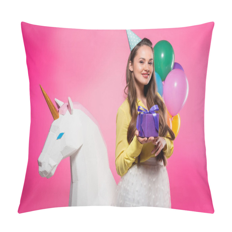 Personality  Attractive Woman With Party Hat And Gift Box Isolated On Pink Pillow Covers