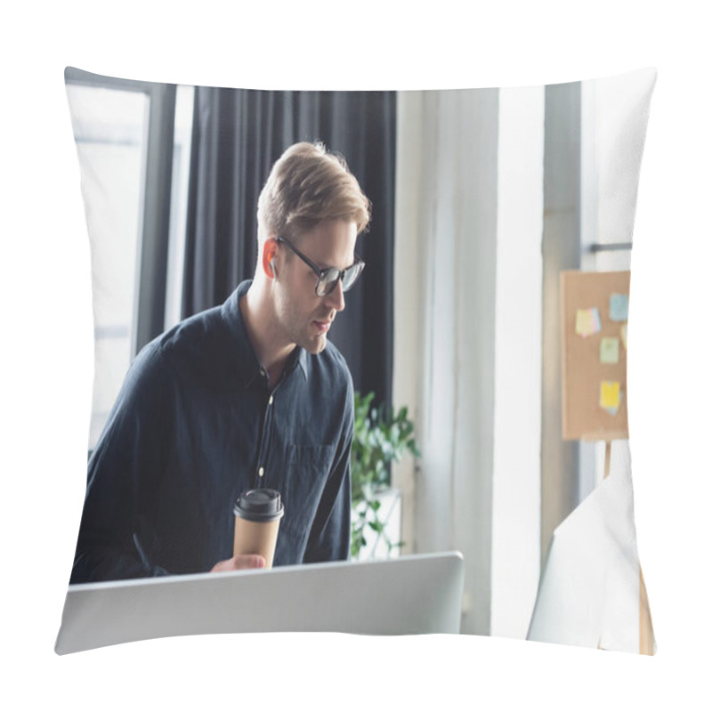 Personality  Young Programmer In Earphone Holding Coffee Near Computer Monitors  Pillow Covers