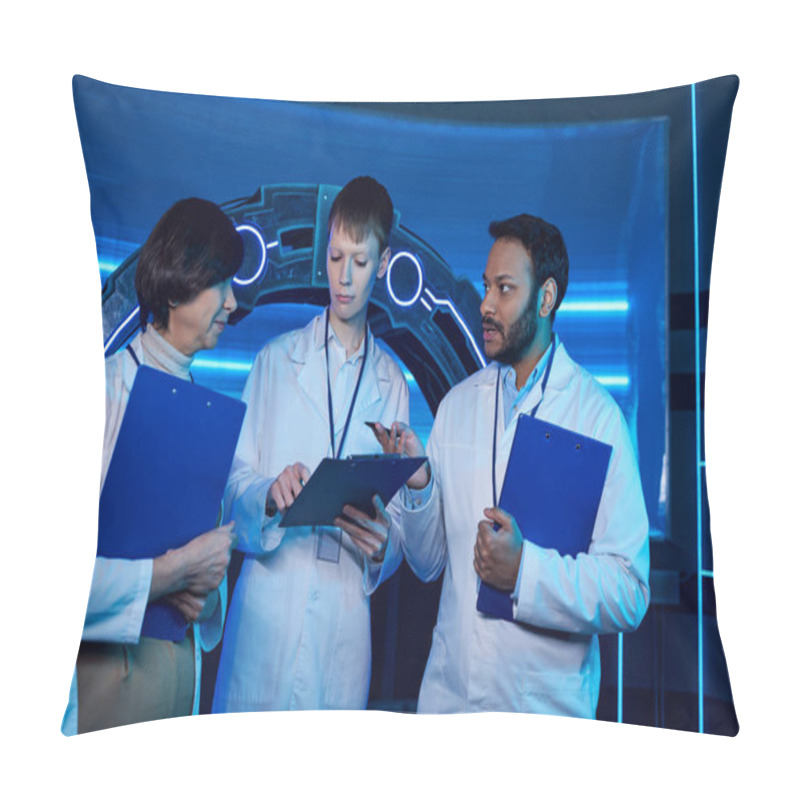 Personality  Indian Scientist Shares Insights, Explaining Tasks To Colleagues In A Dynamic Science Center. Pillow Covers