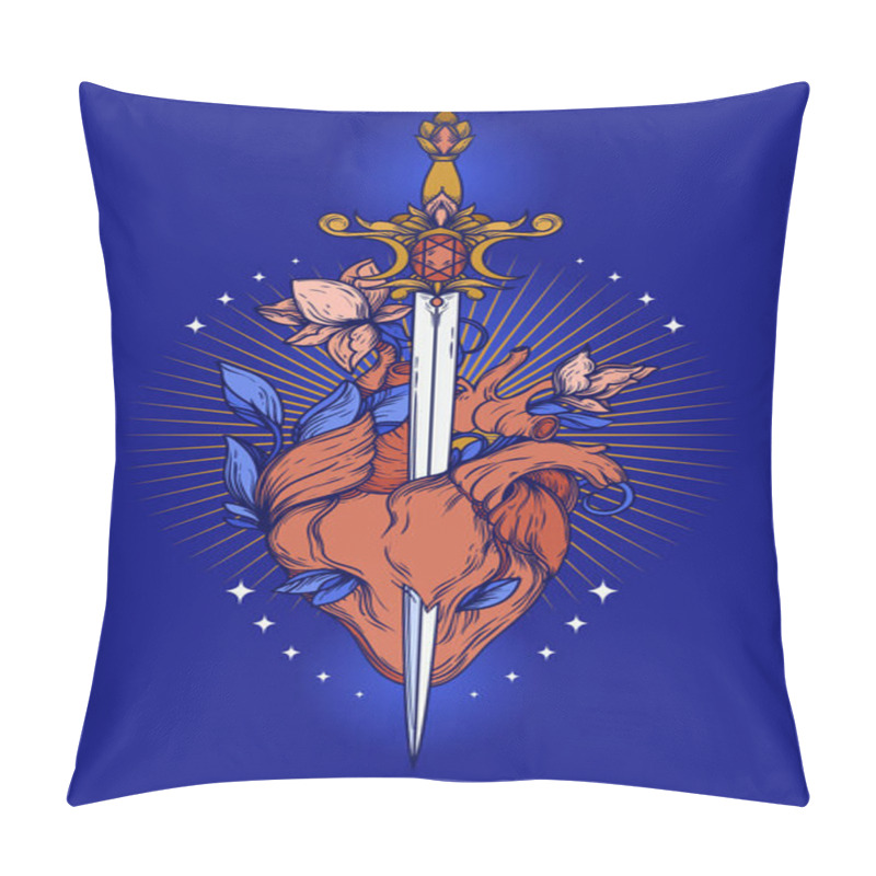 Personality  Poster With Blooming Heart With Sword In It, Sacral Symbol Of Love And Self-knowledge, Can Be Used For Tattoo, Vector Illustration Pillow Covers