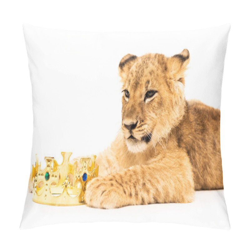 Personality  Cute Lion Cub Near Golden Crown Isolated On White Pillow Covers