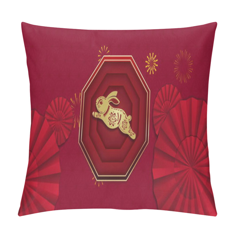 Personality  Image Of Chinese Traditional Decorations With Rabbit On Red Background. Chinese New Year, Festivity, Celebration And Tradition Concept Digitally Generated Image. Pillow Covers