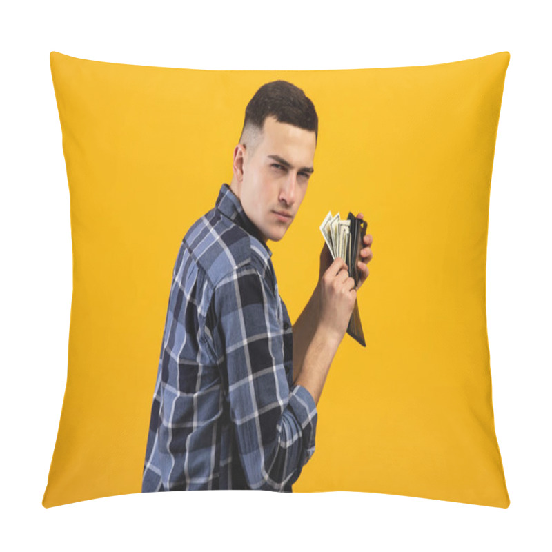 Personality  Young Man With Wallet Full Of Money Being Greedy Over His Wealth On Orange Studio Background Pillow Covers