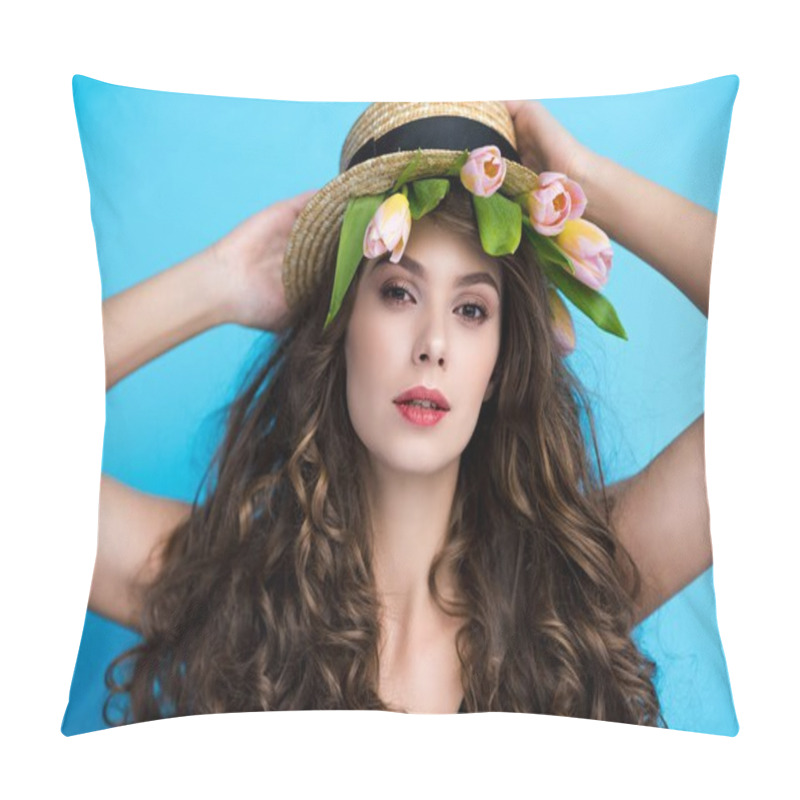 Personality  Attractive Young Woman In Canotier Hat With Pink Tulips Under It Pillow Covers