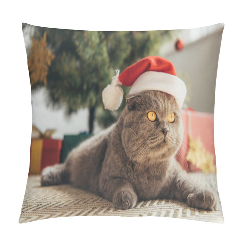 Personality  Furry Scottish Fold Cat In Santa Hat Lying Under Christmas Tree Pillow Covers