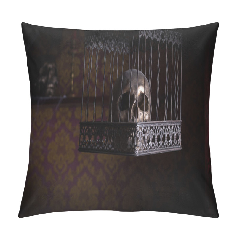 Personality  Skull In Ornate Cage In Room With Patterned Wall Pillow Covers