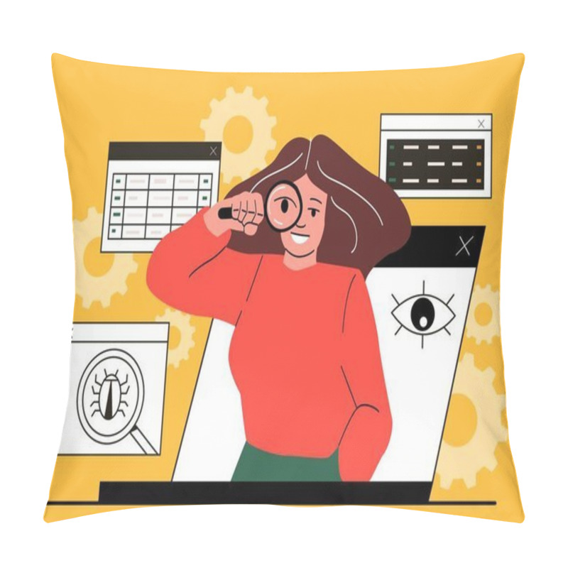 Personality  Woman Looking For Computer Virus. Girl With Magnifying Glass Examines Monitor Screen. Internet Security, Online Protection, Antivirus. Programmer And IT Specialist. Cartoon Flat Vector Illustration Pillow Covers